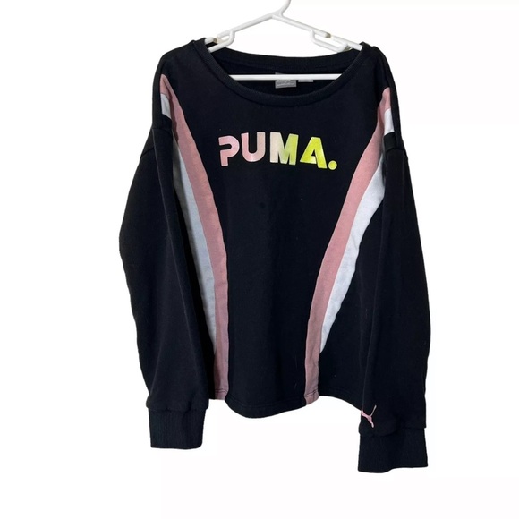 PUMA Girls Pullover Sweatshirt Size Large 12/14 Colorblock Trim Black Pink Green - Picture 1 of 5